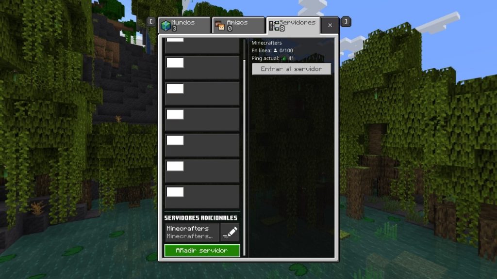 Pestaña de servidores en Minecraft Bedrock
